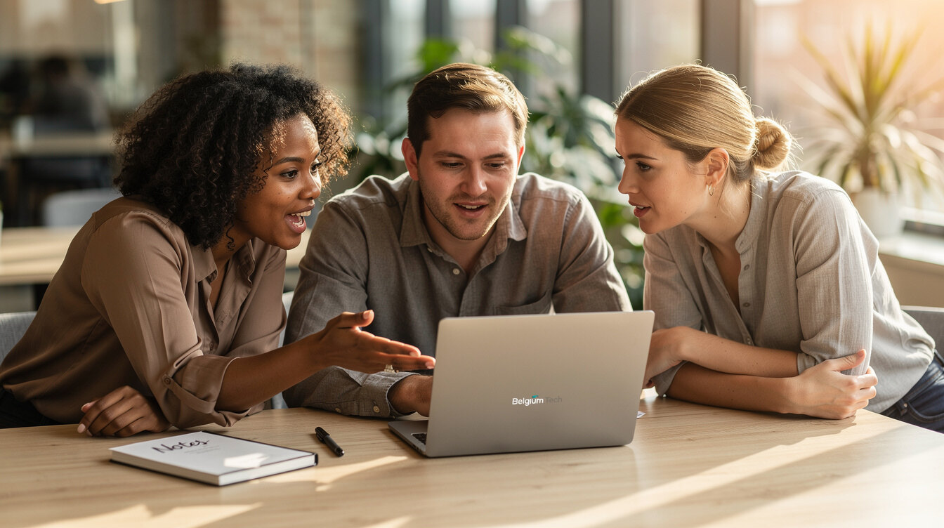 Team of colleagues collaborating around a laptop in a shared workspace