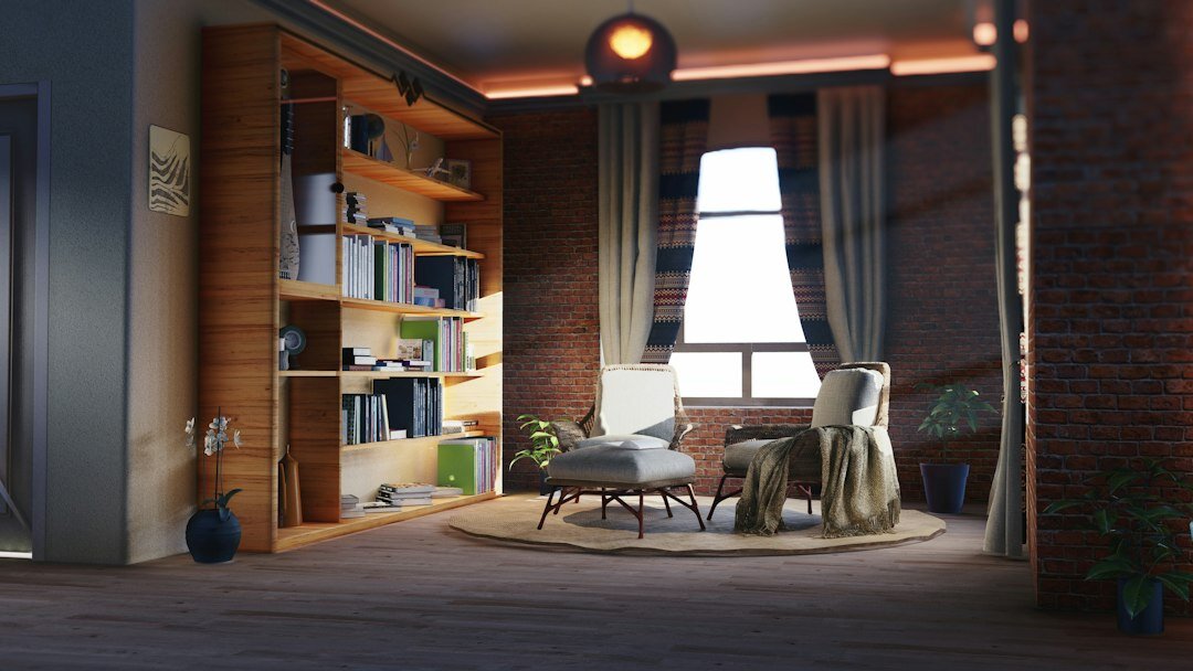 Cozy reading corner with armchair and plants in an office