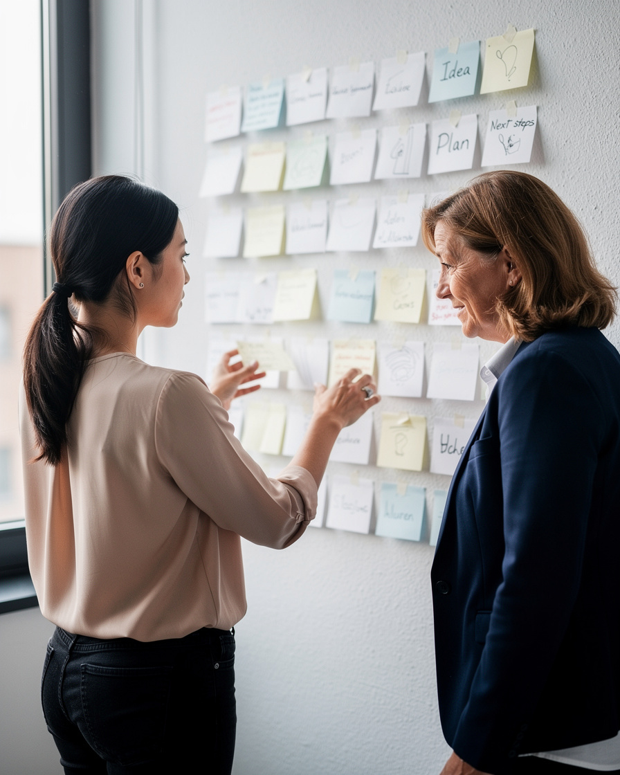 Two colleagues reviewing a shared idea board together